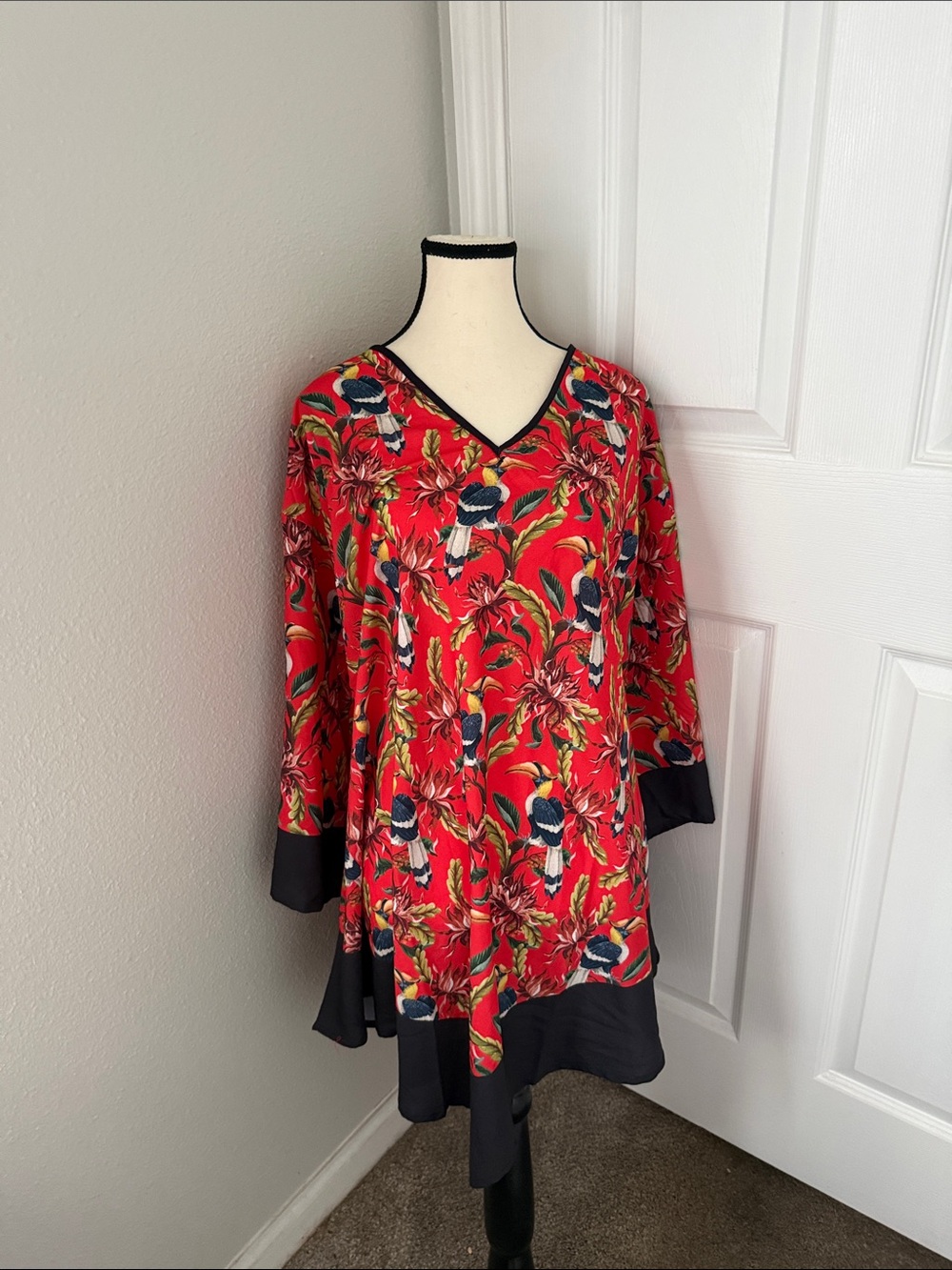 Red Floral V-Neck Tunic with Black Trim